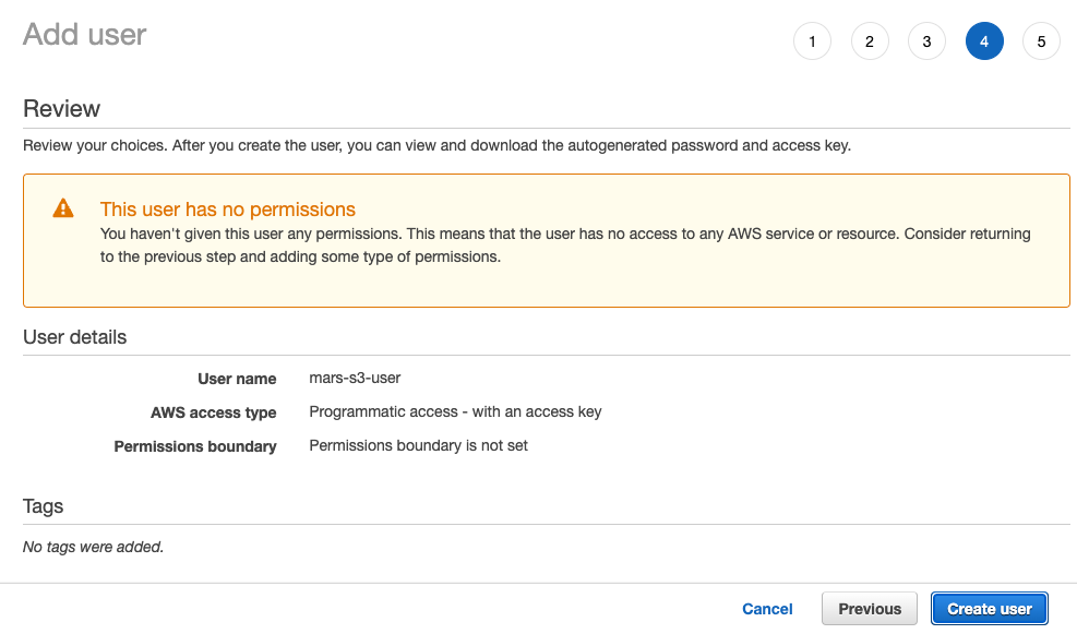 Creating the IAM user with no permissions warning